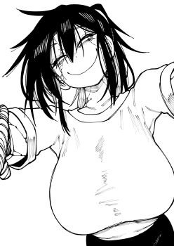 1girl above_view absurdres ayakakashi black_eyes black_hair breasts cracked_face creepy female_focus gym_uniform highres huge_breasts karasu_raven long_hair looking_at_viewer monster monster_girl outstretched_arms ponytail pov school_uniform silent_hill silent_hill_(series) silent_hill_f smile smiley_face solo solo_focus spread_arms staring white_background