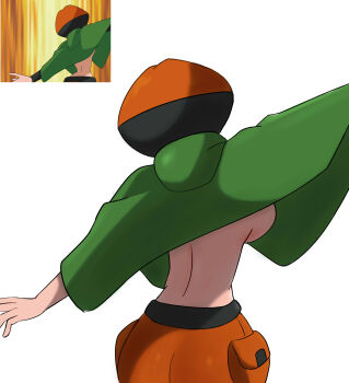 Rule 34 | 1girl, anime screenshot inset, arched back, ass, breasts, brown shorts, commentary, donrhy96, from behind, gardenia (pokemon), green poncho, highres, multicolored hair, nintendo, no bra, no shirt, outstretched arms, pokemon, pokemon (anime), pokemon dppt (anime), reference inset, screenshot inset, short hair, shorts, two-tone hair, white background
