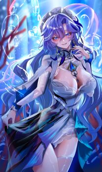 1girl blue_dress blue_eyes blue_gem blue_hair breasts cantarella_(wuthering_waves) cleavage commentary_request cowboy_shot detached_sleeves dress gem gettou0_0 hair_between_eyes hand_up highres large_breasts long_hair long_sleeves parted_lips smile solo very_long_hair white_sleeves wuthering_waves