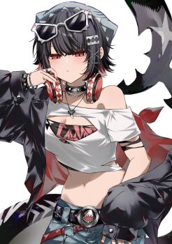 1girl alternate_costume beanie black_jacket black_tube_top blue_hat blue_pants bracelet breasts chain chain_bracelet chain_necklace cleavage_cutout closed_mouth clothing_cutout collar colored_inner_hair commentary_request crop_top diadiadia ellen_joe eyewear_on_head fins fish_tail hat headphones headphones_around_neck highres jacket jacket_partially_removed jewelry looking_at_viewer medium_breasts midriff mole mole_on_arm mole_under_eye multicolored_hair multiple_rings navel necklace pants razor_blade_hair_ornament red_eyes red_nails ring scar scar_on_tail shark_girl shark_tail shirt simple_background single_bare_shoulder solo spiked_bracelet spiked_collar spikes strapless sunglasses tail torn_clothes torn_shirt torn_tube_top tube_top white-framed_eyewear white_background white_shirt zenless_zone_zero