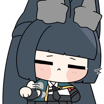 Rule 34 | 1girl, :<, afterimage, animal ear fluff, animal ears, aqua jacket, arm out of sleeve, black hair, black necktie, black skirt, blush, chibi, chibi only, closed eyes, closed mouth, fingerless gloves, fox ears, fox girl, gloves, high-waist skirt, highres, hoshimi miyabi, jacket, long hair, motion lines, necktie, shinonome nashi, shirt, simple background, single fingerless glove, skirt, solo, white background, white shirt, zenless zone zero