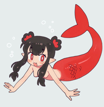 air_bubble black_hair breasts bubble chiikawa facial_mark fang fins full_body grey_background head_fins kojirou_(mesurf1) long_hair looking_at_viewer mermaid monster_girl no_nipples personification ponytail red_eyes sidelocks simple_background siren_(chiikawa) small_breasts whisker_markings