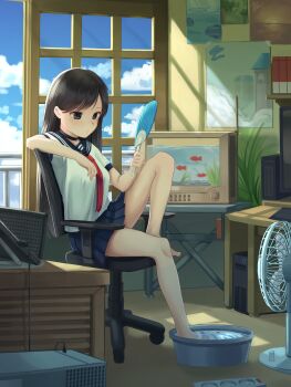 1girl absurdres barefoot black_eyes black_hair black_skirt breasts chair choker cloud computer computer_tower day electric_fan feet_on_chair female_focus hand_fan highres holding holding_fan huge_filesize indoors keyboard long_hair looking_away medium_breasts monitor neckerchief office_chair original paper_fan railing red_neckerchief school_uniform serafuku sitting skirt slice_of_life sliding_doors soaking_feet solo summer swivel_chair television uchiwa washbowl wnehdrl