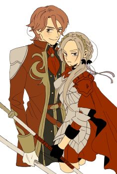 Rule 34 | 1boy, 1girl, armor, black gloves, blonde hair, capelet, closed mouth, coat, commentary, couple, dress, edelgard von hresvelg, ferdinand von aegir, fire emblem, fire emblem: three houses, fire emblem warriors: three hopes, gloves, hair between eyes, headpiece, hetero, hgus1128, highres, long sleeves, looking at viewer, looking to the side, nintendo, orange eyes, orange hair, pants, parted bangs, purple eyes, red capelet, simple background, standing, upper body, white background, white gloves