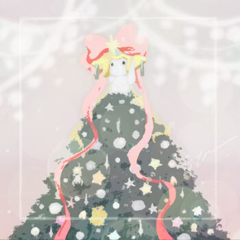 1other bow christmas_ornaments christmas_tree colored_skin commentary full_body gen_3_pokemon grey_background grey_eyes isutai jirachi legendary_pokemon looking_at_viewer mythical_pokemon neck_ribbon nintendo other_focus pokemon pokemon_(creature) pokemon_focus red_bow ribbon simple_background sitting solo star_(symbol) symbol-only_commentary tanzaku white_skin