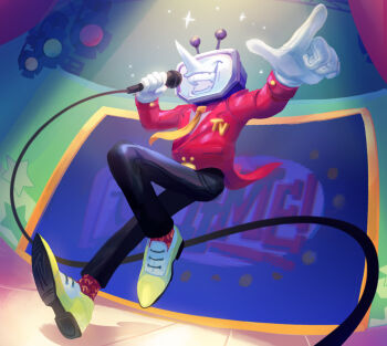 1boy :d ant_tenna black_pants commentary deltarune english_commentary full_body gloves holding holding_microphone indoors male_focus marineflames microphone necktie object_head open_mouth pants pointy_nose shoes smile sparkle spotlight stage tailcoat teeth television utdr_(toby_fox) white_gloves yellow_necktie yellow_shoes