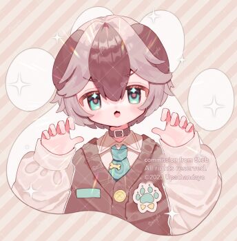 1girl :d artist_name blush_stickers brown_background brown_choker brown_hair brown_sweater_vest choker claw_pose collared_shirt commentary commission double-parted_bangs green_eyes green_necktie grey_hair hair_between_eyes hands_up highres indie_virtual_youtuber kagalu_galola long_sleeves looking_at_viewer multicolored_hair necktie open_mouth sample_watermark shirt short_hair skeb_commission smile solo sparkle striped_background sweater_vest two-tone_hair upa_papa_co upper_body virtual_youtuber watermark watermark_grid white_shirt