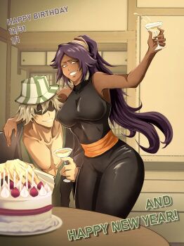 1boy 1girl absurdres arm_around_another's_shoulder bare_shoulders birthday birthday_cake bleach blonde_hair breasts bucket_hat cake celebration collarbone cup dark-skinned_female dark_skin dated drinking_glass english_text food hair_ornament happy_birthday happy_new_year hat highres holding_wine_glass large_breasts long_hair medium_hair new_year ponytail purple_hair shihouin_yoruichi table teeth urahara_kisuke veeepawoon wine_glass yellow_eyes