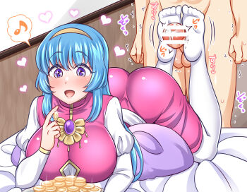 1boy 1girl :d ass bed bed_sheet blue_hair blush breasts censored clueless coin counting counting_money dress estpolis_denki feet feet_up footjob gem gold hairband happy heart highres huge_ass indoors jewelry large_breasts long_hair lufia lying merchant money necklace on_stomach open_mouth pendant penis pillow puffy_sleeves purple_eyes reverse_footjob smile soles testicles thighhighs tia_(estpolis_denki) yakisobapan_tarou_&amp;_negitoro-ko
