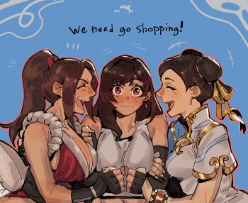 3girls absurdres arm_guards artist_name bare_shoulders blush bracelet breasts brown_hair capcom china_dress chinese_clothes chun-li cleavage cleavage_cutout clothing_cutout commentary crop_top crossover double_bun dress earrings elbow_gloves english_commentary english_text fatal_fury final_fantasy final_fantasy_vii final_fantasy_vii_remake fingerless_gloves girl_sandwich gloves hair_bun high_ponytail highres japanese_clothes jewelry large_breasts long_hair medium_breasts midriff motoyui multiple_girls ninja ponytail red_eyes sandwiched sash shiranui_mai shy sideboob sketch smile speech_bubble strawderryst street_fighter street_fighter_6 tank_top the_king_of_fighters tifa_lockhart upper_body wrist_guards