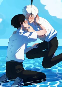 Rule 34 | 2boys, belt, black hair, black pants, blush, collared shirt, crying, eye contact, floating, grey belt, hand on another's chin, hashtag-only commentary, highres, hikaru ga shinda natsu, indou hikaru, looking at another, maethoriann, male focus, melting eyes, mole, mole on arm, mole on neck, mole under eye, multiple boys, multiple moles, oversized belt, pants, scar, scar on arm, shirt, shirt tucked in, shoe soles, short eyebrows, short hair, short sleeves, tears, tsujinaka yoshiki, water, white hair, white shirt, yaoi