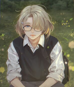 1boy absurdres alternate_costume black_vest blonde_hair blue_eyes closed_mouth collared_shirt freminet_(genshin_impact) genshin_impact glasses grass hair_over_one_eye highres looking_at_viewer male_focus outdoors pers_thepenguin shirt short_hair sitting solo vest white_shirt