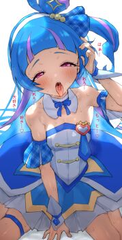 1girl aokaze_nana bare_shoulders blue_bow blue_bowtie blue_dress blue_hair blue_ribbon blue_sleeves blue_wrist_cuffs bow bowtie breasts collar commentary cure_wink detached_collar detached_sleeves dress hair_ribbon hairband hand_in_own_hair heart heart-shaped_hair highres kimi_to_idol_precure long_hair looking_at_viewer magical_girl mo_(boo1719501boo) multicolored_hair narrowed_eyes one_side_up open_mouth plaid_ribbon precure purple_eyes purple_hair ribbon saliva saliva_trail short_sleeves small_breasts solo sound_effects strapless strapless_dress streaked_hair thigh_strap tongue tongue_out translation_request two-tone_dress two-tone_hair variant_set very_long_hair white_collar white_dress white_hairband wrist_cuffs