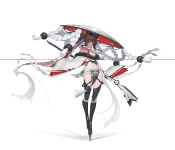 1girl absurdres bare_hips bare_shoulders blunt_bangs breasts cleavage clothes_down furisode gun hat highres hip_bones holding holding_gun holding_weapon huang_(pixiv3580877) japanese_clothes jingasa joints kimono large_hat long_hair mechanical_arms medium_breasts midriff narrow_waist navel original pelvic_curtain ponytail railgun robot_joints ronin science_fiction see-through_clothes see-through_pelvic_curtain single_mechanical_arm stomach thighs very_long_hair weapon