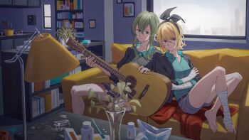2girls acoustic_guitar aqua_shirt bag bandaged_ankle bandaged_arm bandaged_leg bandages belt black_belt black_bow black_jacket blonde_hair blue_eyes book bookshelf bow boxcutter broken_cup broken_glass commentary couch glass green_hair guitar gumi hair_bow hairband highres holding holding_instrument indoors instrument jacket kagamine_rin knees_up knife lamp looking_at_another looking_at_viewer medicine_bottle multiple_girls on_couch pill_bottle plant plastic_bag potted_plant shelf shirt short_hair sidelocks sitting spider_plant spill sprain symbol-only_commentary vase vocaloid water window wounds404 yuri