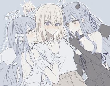 2girls angel_and_devil bang_dream! bang_dream!_it&#039;s_mygo!!!!! black_dress blonde_hair blue_hair blush braid breasts cleavage commentary_request dress dual_persona hair_between_eyes halo highres holding_hands horns korean_commentary long_hair medium_breasts misumi_uika multiple_girls open_mouth purple_eyes shirt sidelocks strapless strapless_dress sweatdrop togawa_sakiko uis410 white_dress white_shirt yellow_eyes yuri