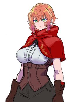 Rule 34 | 1girl, arms at sides, breasts, brown corset, brown gloves, brown pants, capelet, colored sidelocks, corset, earrings, flower earrings, framed breasts, gloves, green eyes, hair between eyes, highres, hood, hood down, hooded capelet, jewelry, large breasts, light frown, little red riding hood (fairy tale), medium hair, orange hair, pants, rao (live-w), red capelet, shirt, wavy hair, white shirt