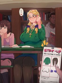 Rule 34 | ..., 2boys, 2girls, abby (diforland), absurdres, black hair, black pantyhose, black socks, blonde hair, blue skirt, blush, bob cut, book, bookshelf, bra strap, breasts, brown eyes, brown hair, cellphone, collared shirt, cross, cross necklace, crucifix, dark-skinned male, dark skin, desk, diforland, english text, glasses, green sweater, hair ornament, hair scrunchie, heart, highres, holding, holding phone, indoors, jewelry, large breasts, library, long hair, low twintails, multiple boys, multiple girls, necklace, open book, original, pantyhose, phone, pink shirt, pov, pov hands, purple scrunchie, scrunchie, semi-rimless eyewear, shirt, short hair, sitting, skirt, smartphone, socks, speech bubble, spoken heart, sweater, twintails, very dark skin, yellow shirt