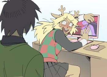 1girl 1other antlers blonde_hair blush breasts buck_teeth colored_skin computer computer_mouse deltarune desk embarrassed highres horns huge_breasts implied_yuri kris_(deltarune) monitor noelle_holiday pornography purple_skin reindeer_antlers reindeer_girl reptile_girl simple_background teeth ttudolee utdr_(toby_fox)