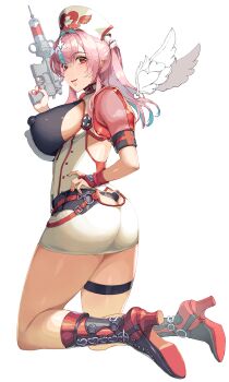 1girl ass ass_cutout backless_shirt black_boots black_panties blue_hair blue_streaks boots bridal_gauntlets closed_mouth clothing_cutout colored_inner_hair colored_shoe_soles commentary_request covered_erect_nipples curvy detached_wings dress framed_breasts from_side full_body hair_pulled_back hand_on_own_hip hat high_heel_boots high_heels highres holding holding_syringe_gun holding_weapon huge_nipples knee_boots kneeling lipstick long_hair long_sidelocks looking_at_viewer looking_back looking_to_the_side makeup mini_wings multicolored_hair nail_polish nishii_(damnedrive) nurse nurse_cap original paid_reward_available panties pencil_dress pink_hair pointy_ears red_bridal_gauntlets red_eyes red_lips red_nails short_dress short_sleeves sidelocks simple_background single_bridal_gauntlet smile solo syringe_gun thigh_strap thighs trigger_discipline twisted_torso underwear weapon white_background white_dress wide_ponytail wings