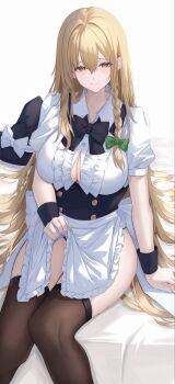 1girl 7saki adapted_costume apron apron_lift black_bow black_bowtie black_corset black_hat black_thighhighs black_wrist_cuffs blonde_hair blush bow bowtie braid breasts closed_mouth clothes_lift collared_shirt commentary_request corset cowboy_shot double-parted_bangs embarrassed green_bow hair_between_eyes hair_bow hat hat_bow highres kirisame_marisa knees_together_feet_apart large_breasts long_hair long_sidelocks looking_at_viewer shirt short_sleeves sidelocks sitting smile solo thighhighs thighs touhou waist_apron white_apron white_background white_bow white_shirt wing_collar witch_hat wrist_cuffs yellow_eyes