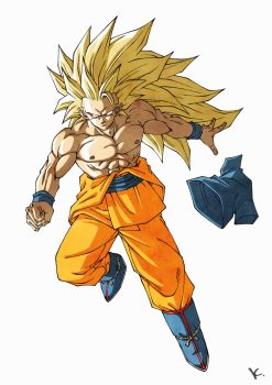 1boy blonde_hair blue_boots blue_shirt boots character_request dragon_ball full_body highres kakeru_(dbskakeru) long_hair muscular muscular_male orange_pants pants red_eyes shirt short_sleeves simple_background solo spiked_hair topless_male toriyama_akira_(style) unworn_shirt white_background
