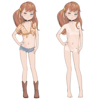 1girl absurdres blue_eyes boots brown_footwear brown_hair choker cleft_of_venus closed_mouth clothes_on_and_off commentary completely_nude contrapposto crop_top denim denim_shorts earrings english_commentary expressionless flat_chest freckles full_body hand_on_own_hip highres jewelry kuroshiro00 loli long_hair looking_at_viewer micro_shorts midriff navel nipples nude o-ring o-ring_choker orange_shirt original paid_reward_available plaid_clothes plaid_shirt pussy shirt shorts side_ponytail simple_background standing stud_earrings tan tanline third-party_edit tied_shirt uncensored variations white_background