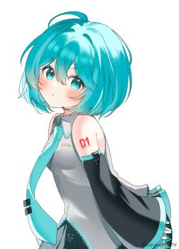 1girl alternate_hairstyle aqua_eyes aqua_hair aqua_necktie black_sleeves blush commentary_request detached_sleeves grey_shirt hatsune_miku highres necktie number_tattoo sakubonge_3939 shirt short_hair skirt sleeveless sleeveless_shirt tattoo vocaloid white_background
