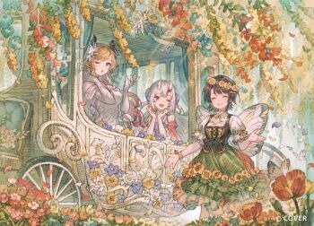 2nd_generation_(hololive) 3girls ;d ;o alternate_costume black_horns blonde_hair bodice brown_hair center-flap_bangs closed_eyes commentary_request copyright_notice day demon_girl demon_horns double_bun dress elbow_gloves facing_viewer fairy fairy_wings flower flower_wreath frilled_skirt frills gloves gradient_hair green_skirt grey_hair grin hair_between_horns hair_bun hair_flower hair_ornament hands_up hololive horns long_hair looking_at_viewer maeka_(kumaekake) multicolored_hair multiple_girls nakiri_ayame official_art one_eye_closed oni oozora_subaru open_mouth outdoors pink_hair pointy_ears puffy_short_sleeves puffy_sleeves red_eyes red_hair shirt short_hair short_sleeves skin-covered_horns skirt smile swept_bangs two_side_up virtual_youtuber white_dress white_gloves white_shirt wings yuzuki_choco