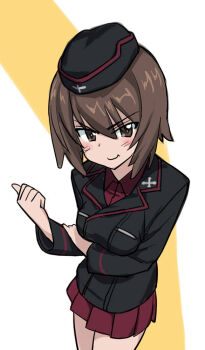 Rule 34 | 1girl, black jacket, brown eyes, brown hair, commentary request, cross, eyes visible through hair, garrison cap, girls und panzer, hair between eyes, hand on own arm, hat, iron cross, jacket, kuromorimine military uniform, long sleeves, looking at viewer, military, military hat, military jacket, military uniform, miniskirt, nishizumi maho, rabbit inoue, red shirt, red skirt, shirt, short hair, simple background, skirt, smile, smug, solo, thumbs up, white background