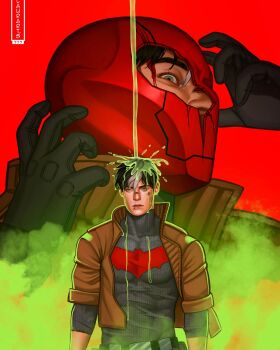 1boy bat_signal batman_(series) batman_symbol black_hair blood blue_eyes bodysuit dc_comics grey_bodysuit highres jason_todd laurarts_23 long_sleeves looking_at_viewer male_focus multicolored_bodysuit muscular muscular_male nose realistic red_hood_(dc) red_hood_and_the_outlaws short_hair simple_background solo superhero_costume taut_bodysuit two-tone_bodysuit western_comics_(style) white_hair