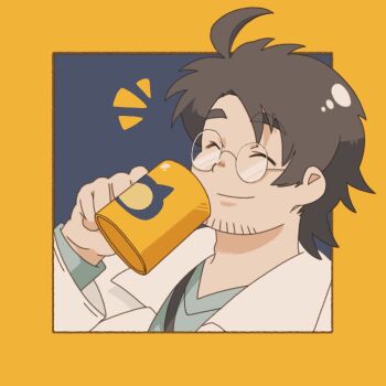 1boy blue_shirt border brown_hair closed_eyes closed_mouth coat commentary cup english_commentary facial_hair gen_1_pokemon glasses goatee_stubble holding holding_cup long_sleeves male_focus mug nintendo pokemon pokemon_sleep professor_neroli rat_s3 shirt short_hair smile snorlax solo stubble white_coat yellow_border