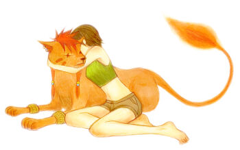 1990s_(style) 1boy 1girl animal_ears artist_request bare_arms bare_shoulders barefoot black_hair breasts closed_mouth facing_another final_fantasy final_fantasy_vii fire fire full_body green_tank_top hug leaning_forward leaning_in looking_at_another lying mane medium_breasts midriff navel ninja one-eyed orange_fur red_mane red_xiii retro_artstyle scar scar_across_eye scar_on_face short_hair shorts sitting tail tank_top yuffie_kisaragi