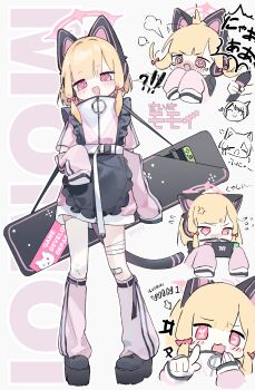 Rule 34 | !?, +++, 1boy, 1girl, :3, :d, @ @, absurdres, alternate costume, anger vein, animal ear headphones, animal ears, apron, artist name, bandaged leg, bandages, bandaid, bandaid on knee, bandaid on leg, belt, black apron, black bag, black shoes, black tail, blonde hair, blue archive, blunt bangs, blush, bow, cat ear headphones, cat ears, cat tail, character name, closed eyes, clothing cutout, commentary request, covered mouth, elbow cutout, english text, fake animal ears, fake tail, frilled apron, frills, full body, grabbing another's tail, hair bow, halo, handheld game console, hands up, headphones, heart, heart-shaped pupils, highres, holding, holding handheld game console, jacket, kneehighs, layered legwear, long sleeves, looking at viewer, loose socks, low-tied sidelocks, maid, momoi (blue archive), multicolored jacket, multiple views, nintendo switch, nose blush, open mouth, outline, own hands together, parted bangs, pigeon-toed, pink bow, pink eyes, pink halo, pink jacket, pink socks, pointing, pointing at viewer, puff of air, sensei (blue archive), shoes, short hair, sidelocks, single thighhigh, sleeves past fingers, sleeves past wrists, smile, socks, standing, suikan pipe, surprised, symbol-shaped pupils, tail, tearing up, thighhighs, track jacket, translation request, two-tone jacket, unconventional maid, white background, white jacket, white outline, white thighhighs, zipper