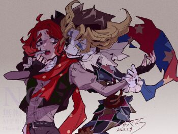 2boys black_gloves black_vest blonde_hair blue_eyeshadow brown_hat clown colored_eyelashes colored_skin commentary_request cowlick cropped_vest dated eye_contact eyeshadow facepaint finger_to_another&#039;s_mouth fingerless_gloves gloves grey_eyes grey_shirt hair_intakes harlequin hat highres holding_another&#039;s_wrist hollow_eyes hullabaloo_(identity_v) identity_v juliet_sleeves long_sleeves looking_at_another makeup male_focus medium_hair mini_hat mini_top_hat multiple_boys neck_ruff one_eye_closed perorinsr puffy_sleeves red_hair shirt signature sweat teardrop_facial_mark top_hat torn_clothes upper_body vest weeping_clown_(identity_v) white_eyes white_skin yaoi