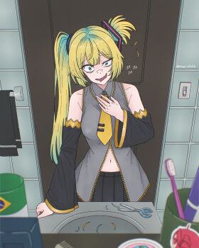 absurdres akita_neru akita_neru_(cosplay) aqua_hair artist_name asymmetrical_hair bare_shoulders black_skirt blonde_hair brazilian_flag coll commentary cosplay crazy crazy_eyes detached_sleeves english_commentary grey_shirt hatsune_miku highres kasane_teto mayu_set navel necktie scissors shirt skirt sleeveless sleeveless_shirt tile_wall tiles toothbrush towel twintails utau vocaloid wavy_mouth yellow_necktie