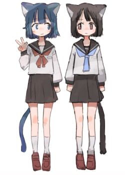 Rule 34 | 2girls, :|, animal ears, arm up, ascot, black collar, black hair, black skirt, black trim, blue ascot, blue eyes, blue hair, brown eyes, brown shoes, cat ears, cat girl, cat tail, closed mouth, collar, commentary, double-parted bangs, grey shirt, light smile, long sleeves, looking at another, multiple girls, naka (buttergirl 02), neckerchief, original, pleated skirt, puffy long sleeves, puffy sleeves, red neckerchief, sailor collar, school uniform, serafuku, shirt, shoes, short hair, skirt, socks, tail, w, white shirt, white socks