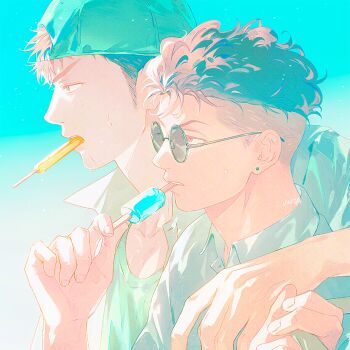 Rule 34 | 2boys, aqua hat, artist name, backwards hat, baseball cap, brown hair, commentary request, earrings, eating, food, food in mouth, from side, gradient background, hand on another's shoulder, hat, holding, holding food, holding popsicle, jewelry, looking ahead, mitsui hisashi, miyagi ryouta, multiple boys, pastel colors, popsicle, popsicle in mouth, short hair, simple background, slam dunk (series), sunglasses, sweat, undercut, untabunta, upper body