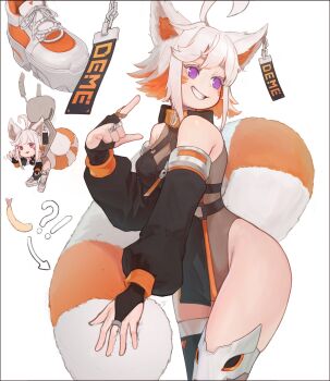!? 1girl absurdres ahoge bare_hips bare_shoulders black_bridal_gauntlets black_sleeves black_thighhighs breasts bridal_gauntlets chibi cleavage crane_game ddbbm1 demenishki facial_mark highres indie_virtual_youtuber jewelry leotard leotard_under_clothes multiple_rings orange_hair purple_eyes red_panda_ears red_panda_girl red_panda_tail ring see-through_cleavage see-through_clothes see-through_leotard sharp_teeth shoes short_hair shrimp smile tail teeth thick_thighs thighhighs thighs virtual_youtuber waving whisker_markings white_background white_hair white_shoes wide_hips