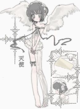 angel angel_wings barefoot bob_cut bone bow crop_top dot_nose fork marumetu100 navel original pale_skin plate ribbon skirt standing wings