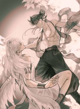 1boy 1girl absurdres armlet baggy_pants bangle belt black_hair bracelet demon_horns feathered_wings floating_hair hair_bun halo hand_on_another&#039;s_face head_tilt highres horns jewelry logicsterrr long_hair looking_at_another multiple_necklaces nephis_(shadow_slave) no_shirt pants pectorals sash shadow_slave sunny_(shadow_slave) very_long_hair white_hair white_wings wings