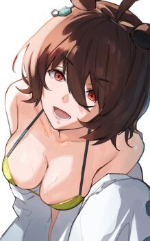 1girl agnes_tachyon_(umamusume) ahoge animal_ears bare_shoulders bikini breasts brown_hair cleavage collarbone earrings hair_between_eyes highres horse_ears horse_girl j@ck jewelry lab_coat large_breasts long_sleeves looking_at_viewer medium_hair open_mouth red_eyes single_earring sleeves_past_fingers sleeves_past_wrists smile solo swimsuit teeth umamusume wet white_background yellow_bikini
