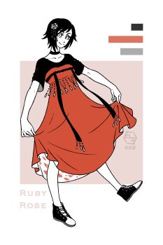 1girl absurdres black_hair character_name chinese_clothes color_guide dress fatrabbitr flower grey_eyes hair_flower hair_ornament hanfu highres limited_palette qixiong_ruqun ruby_rose rwby shoes short_hair skirt_hold sneakers solo white_eyes