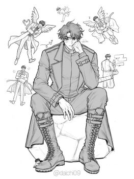 Rule 34 | 2boys, :/, belt collar, between legs, black coat, black hair, black shirt, boots, coat, collar, commentary, curtained hair, dalchi09, elbow on knee, english commentary, feathered wings, full body, greyscale, hand between legs, head rest, holding, holding stuffed toy, kim dokja, looking at viewer, monochrome, multiple boys, multiple views, omniscient reader's viewpoint, open clothes, open coat, rock, shirt, short hair, sitting, stuffed animal, stuffed toy, white wings, wings, yoo joonghyuk