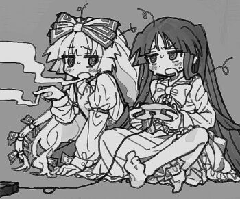 2girls black_hair bow chosocir controller dress fujiwara_no_mokou game_console game_controller hair_bow hime_cut houraisan_kaguya long_hair looking_at_another messy_hair monochrome multiple_girls nintendo_64 nintendo_64_controller ofuda pants playing_games shirt simple_background smoking suspenders sweat touhou white_shirt