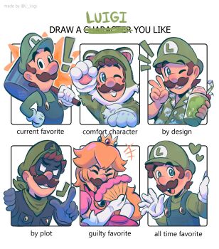 Rule 34 | !, 6+boys, animal costume, bandana, bandana around neck, blank eyes, blonde hair, blue eyes, brown hair, cat costume, cat luigi, cherry, closed eyes, commentary, cosplay, crossdressing, crossdressing (mtf), crown, cup, didy414, domino mask, draw a character you like challenge, dress, drinking straw, elbow gloves, english commentary, english text, eye mask, facial hair, folding fan, food, fruit, gloves, grin, hand fan, hand on own hip, hat, heart, highres, holding, holding cup, holding fan, holding mallet, ice cream, ice cream float, index finger raised, laughing, long hair, luigi, mallet, mario &amp; luigi: superstar saga, mario &amp; luigi rpg, mario (series), mask, melon soda, mr. l, multiple boys, multiple drawing challenge, multiple persona, mustache, nintendo, one eye closed, open mouth, overalls, paper mario, princess peach, princess peach (cosplay), puffy short sleeves, puffy sleeves, short hair, short sleeves, smile, super mario bros. wonder, v