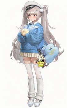 1girl bag blue_necktie blue_sweater blush brown_eyes collared_shirt d-bol dumpling food full_body furrowed_brow goddess_of_victory:_nikke grey_hair hair_ornament hashtag-only_commentary hat highres holding holding_food leg_warmers long_hair looking_at_food necktie pleated_skirt pom_pom_(clothes) pom_pom_hair_ornament shirt shoes skirt sleeves_past_fingers sleeves_past_wrists soline_(frost_ticket)_(nikke) soline_(nikke) solo standing steam sweat sweater thighhighs twintails very_long_hair white_background white_shirt white_shoes white_thighhighs yellow_skirt