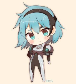 1girl blue_eyes blue_hair blush bodysuit chibi closed_mouth commentary commission female_focus hairband head_tilt legs_apart meia_gisborn mochii signature simple_background solo standing vandread yellow_background