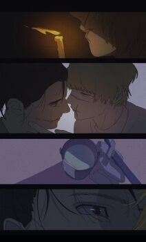 2boys 6jvl1 badeni black_border black_hair blonde_hair blowing_candle border bucket candle chi.:_chikyuu_no_undou_ni_tsuite facial_scar highres imminent_kiss male_focus medium_hair multiple_boys oczy parted_lips scar scar_on_cheek scar_on_face scar_on_mouth scar_on_nose shirt short_hair sweat sword towel upper_body weapon white_shirt yaoi