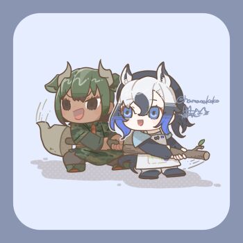 2girls animal_ears apron aurochs_(kemono_friends) black_eyes black_hair blue_eyes blue_hair bodystocking border camouflage camouflage_shirt camouflage_skirt chibi chibi_only collared_shirt cow_ears dark-skinned_female dark_skin empty_eyes extra_ears full_body green_hair grey_border grey_hair hair_between_eyes hamanekoko hat holding holding_polearm holding_stick holding_weapon horn_lance horns horse_ears horse_girl horse_tail kemono_friends kemono_friends_3 layered_sleeves long_sleeves motion_lines multicolored_hair multiple_girls necktie open_mouth pale_skin pantyhose pole polearm red_necktie shirt short_over_long_sleeves short_sleeves skirt smile standing stick swinging_weapon tail tarpan_(kemono_friends) two-tone_hair weapon wing_collar